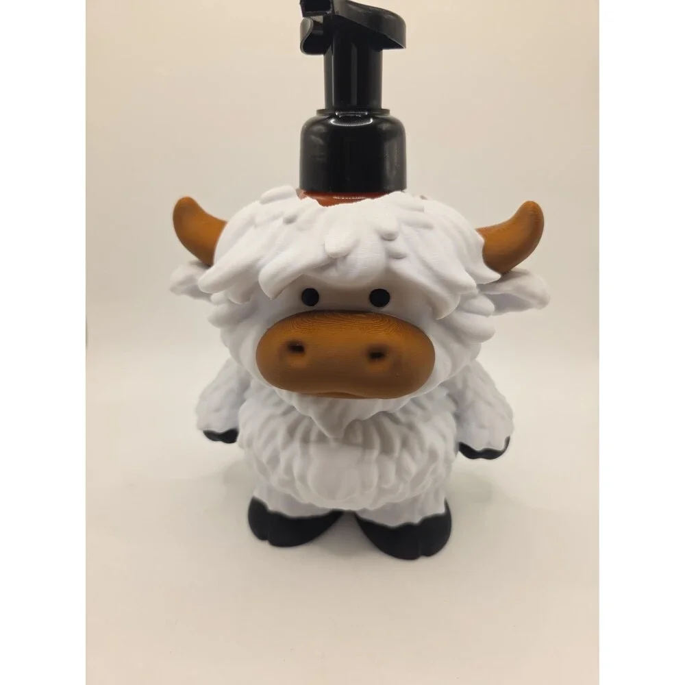 3D Printed Highland Cow Soap Dispenser - Farmhouse Bathroom Decor - Cute Cow Gif
